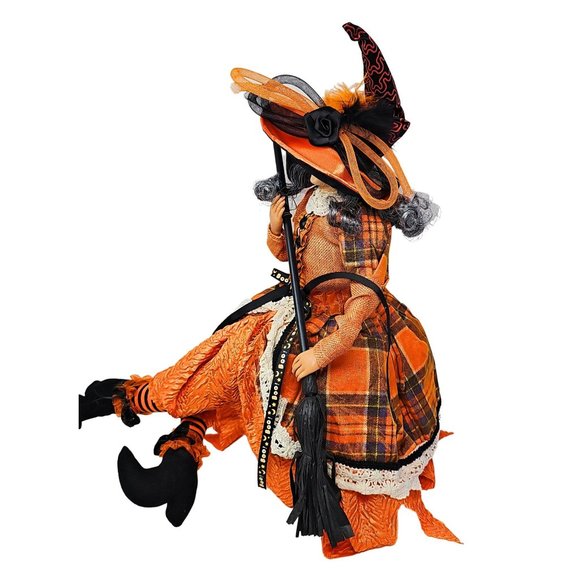 24" Halloween Gray-Haired Witch with Orange Dress and Black Broom, Party Decor W - Picture 3 of 4